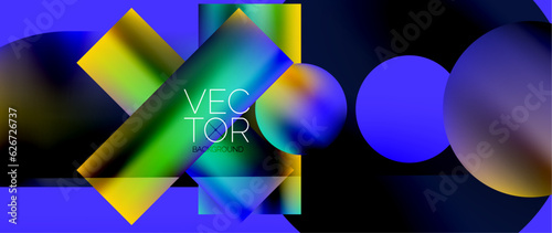 Squares and circles design. Fluid color gradients with metallic effects. Serene synergy of shapes, merging squares and circles into harmonious, captivating design