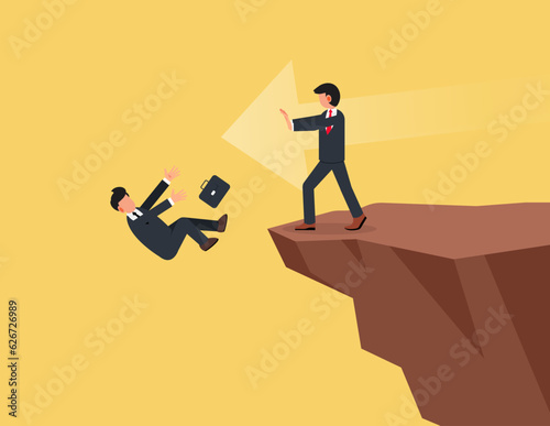 Business unethical competition, career competitor or cheating concept. Businessman pushing business partner fall off the cliff