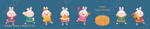 A set of playful, cute and funny rabbit mascots and traditional Chinese pastry mooncakes