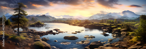 beautiful panoramic view of the lake with mountains reflection and blue cloudy sky
