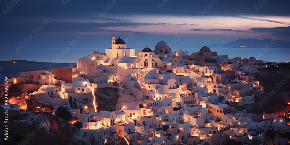white buildings in Greek island town at night