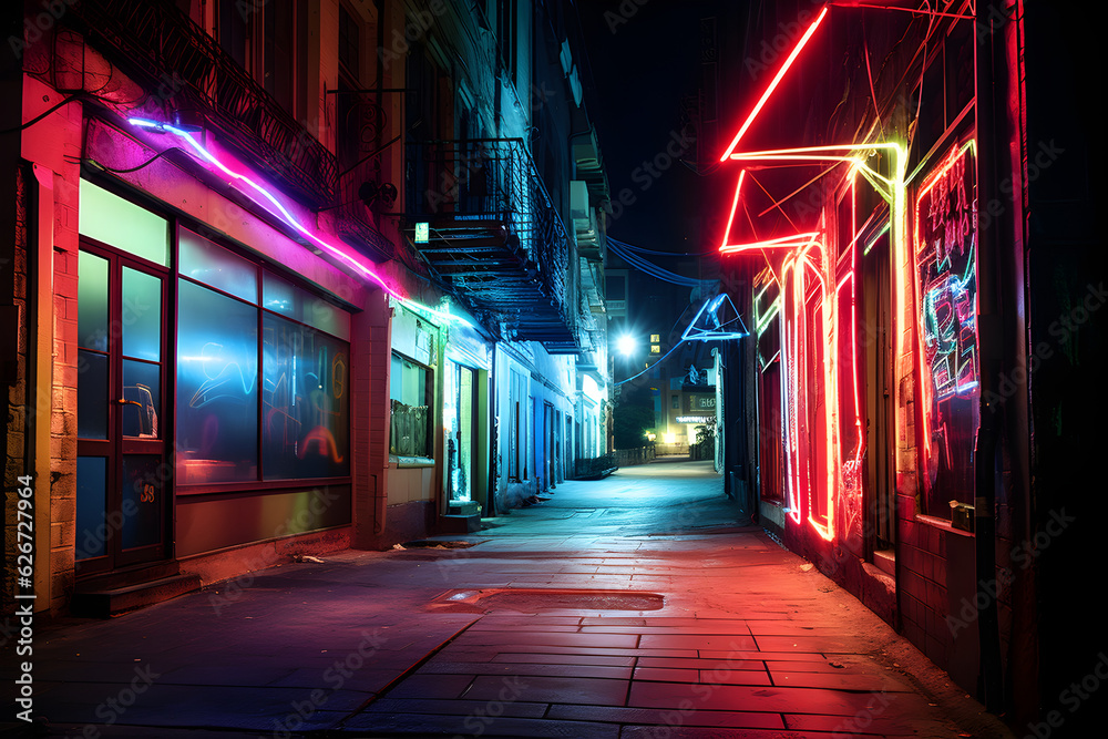 city street alley in the night with neon light storefronts