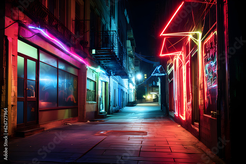 city street alley in the night with neon light storefronts