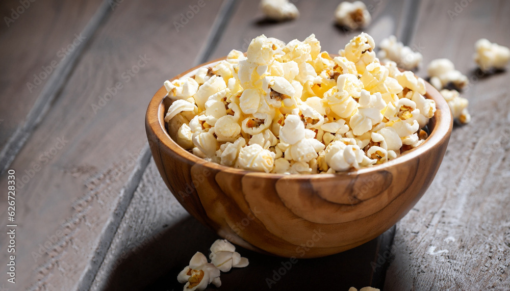 A wooden bowl of salted popcorn on rustic table. A wooden bowl of salted popcorn on rustic table.