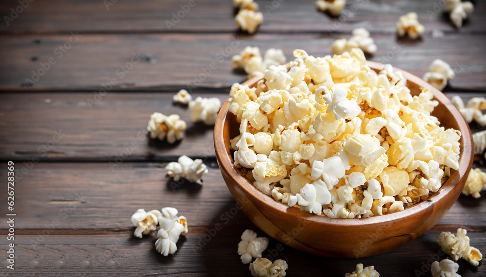 A wooden bowl of salted popcorn on rustic table. A wooden bowl of salted popcorn on rustic table.