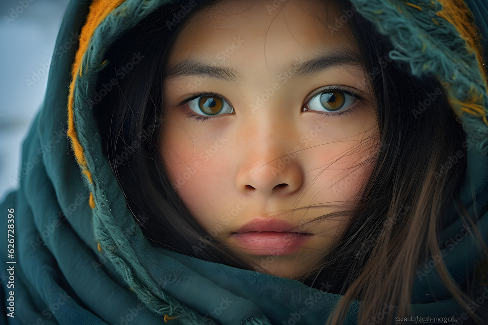 close up portrait of young girl with brown eyes and blanket close up portrait of young girl with brown eyes and blanket