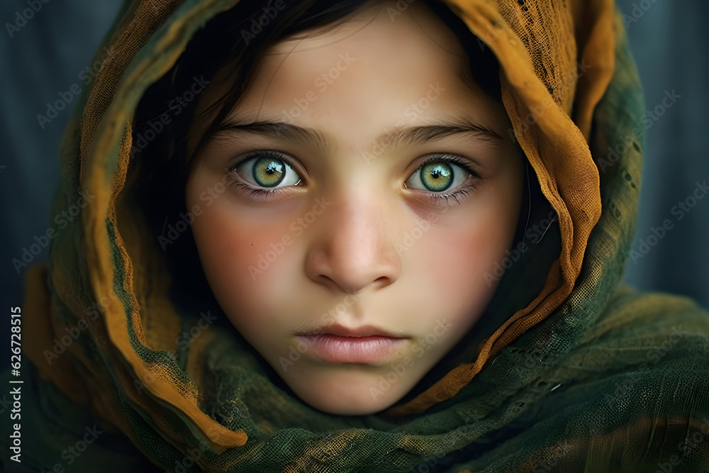 close up portrait of young girl with green eyes and traditional headscarf