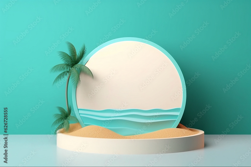 Fototapeta premium Refreshing cyan ocean wave round board and coconut tree on display podium filled with sand. Background Template. Created with Generative AI technology