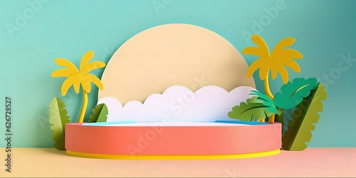 Paper art style cute tropical beach theme display podium. Background Template. Created with Generative AI technology photo