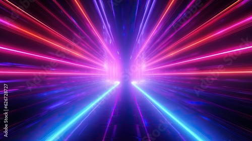 eon light tunnel with red and neon rainbow lights, in the style of rustic futurism, violet and aquamarine, high-angle, vintage aesthetics, poster, unreal engine 5, large canvas format