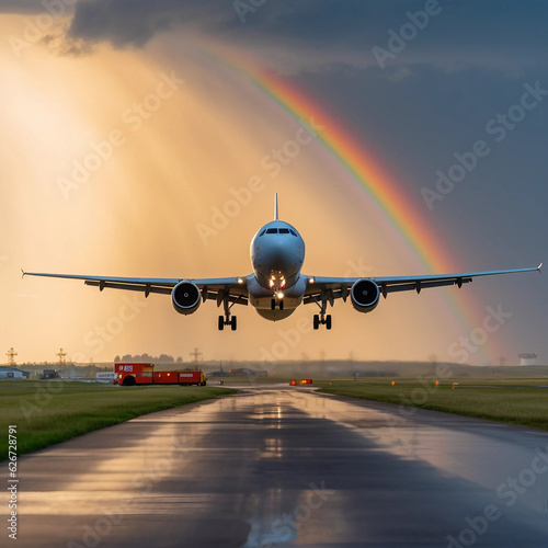 A Passenger Jet Aircraft Landing on a Wet Tarmac With a Rainbow in the Background