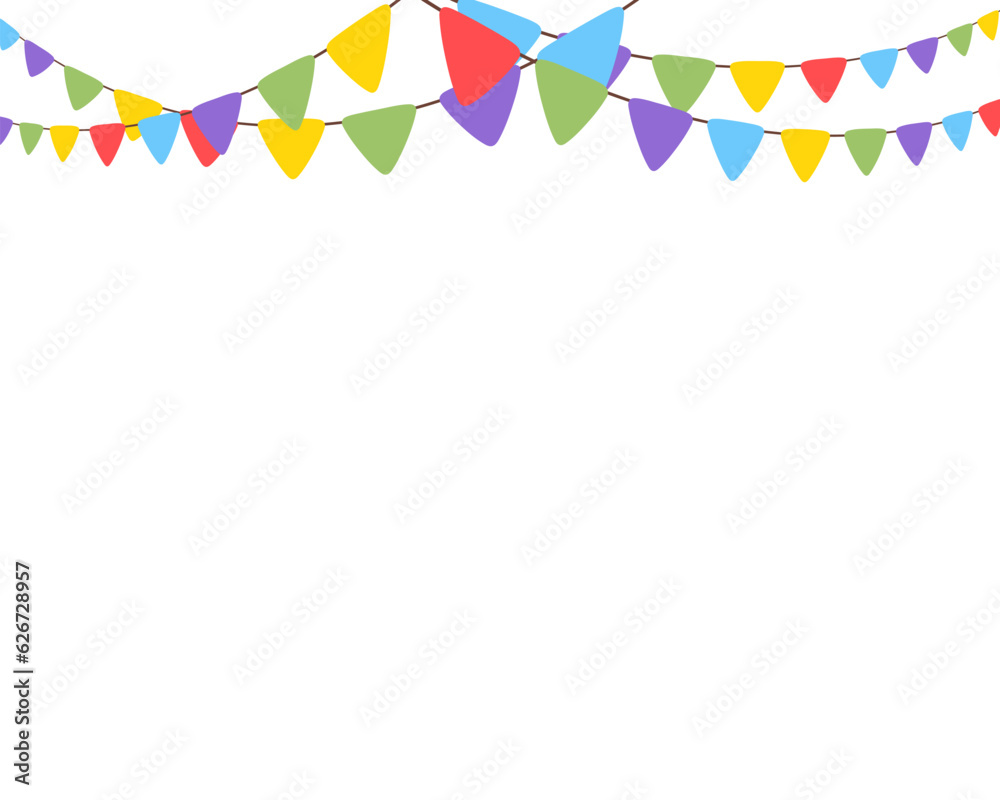 Fototapeta premium Celebrate hanging triangular garlands. Colorful perspective cute flags party isolated on white background. Birthday, Christmas, anniversary, and festival fair concept. Vector illustration.