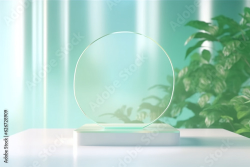 Round glass on display podium with green leaves at the back. Mint green beam background template. Created with Generative AI technology