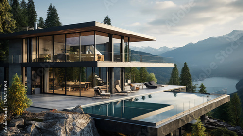 Modern exterior of a luxury villa in a minimal style. Glass house in the mountains © ginstudio