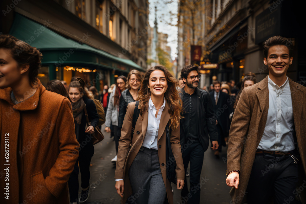 Joyful millennials commuting in an urban setting, walking together on city streets, embodying youthful energy and ambition, generative ai