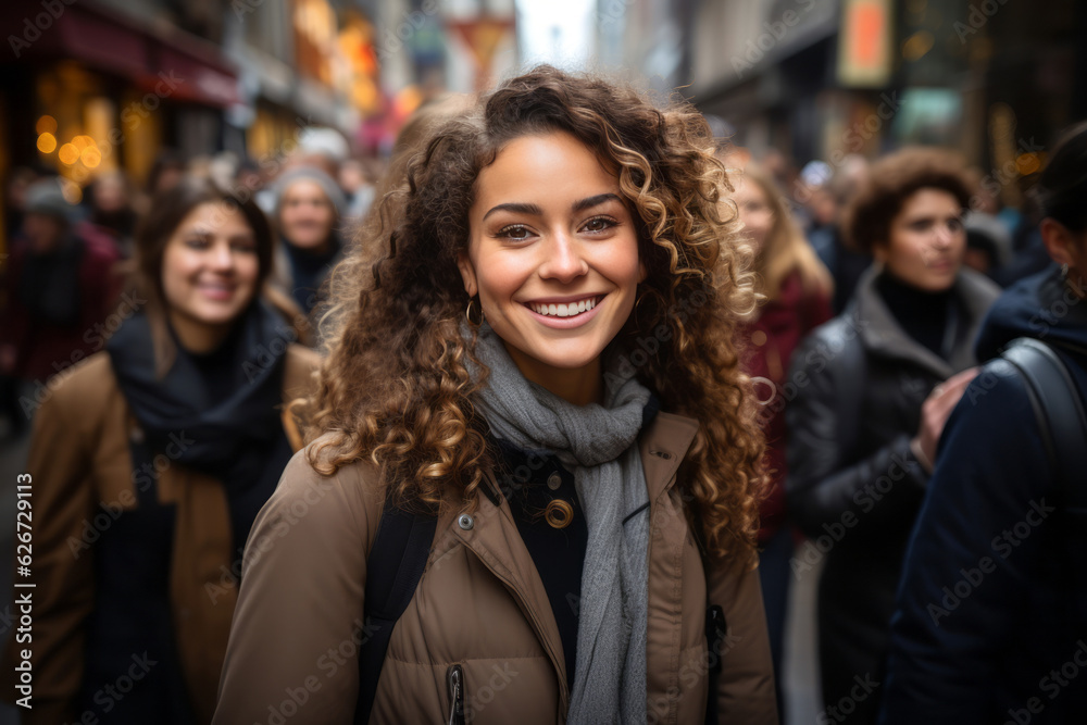 Joyful millennials commuting in an urban setting, walking together on city streets, embodying youthful energy and ambition, generative ai