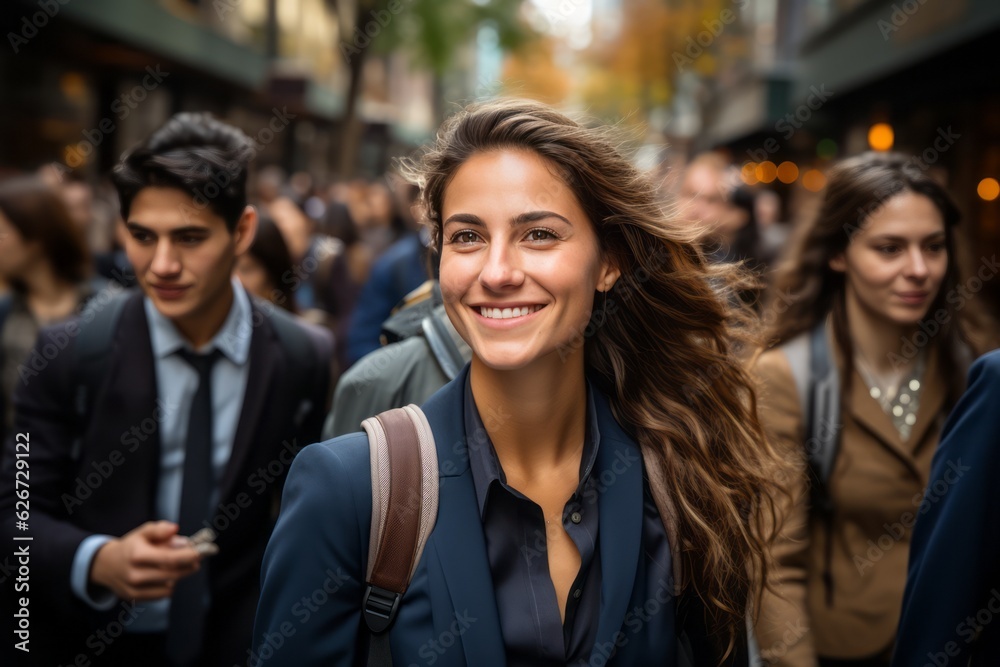 Joyful millennials commuting in an urban setting, walking together on city streets, embodying youthful energy and ambition, generative ai Joyful millennials commuting in an urban setting, walking together on city streets, embodying youthful energy and ambition, generative ai