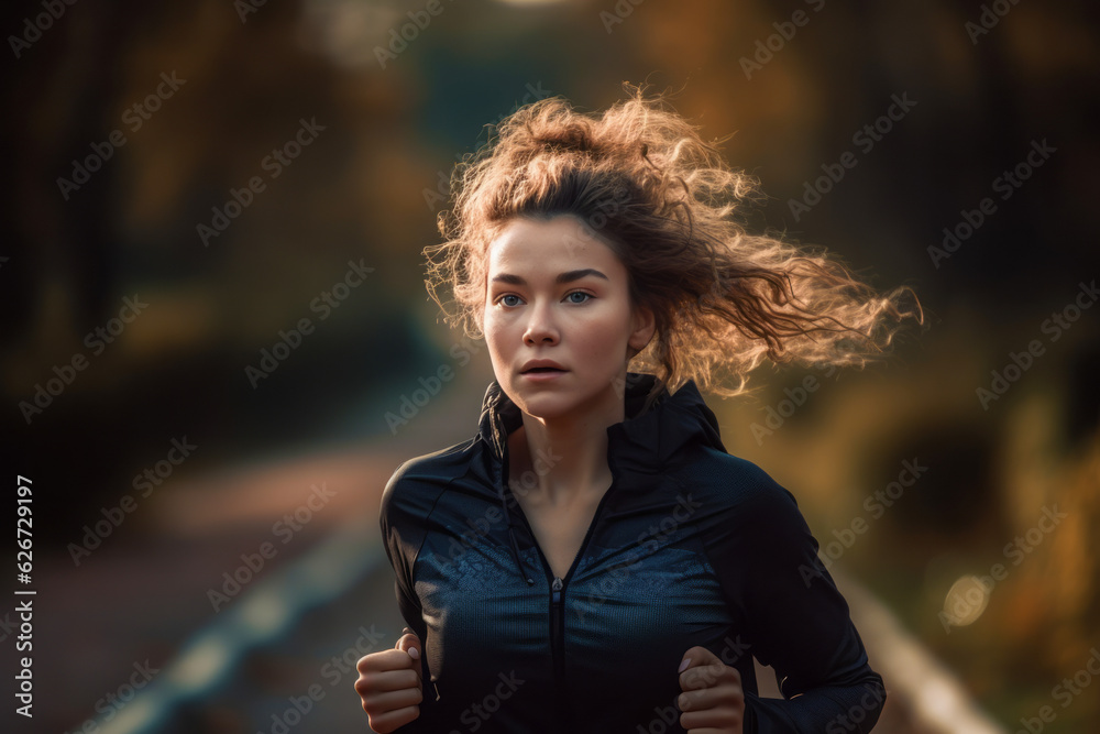 Candid image of a young, athletic woman jogging with determination and resilience, showcasing strength and motivation for fitness, generative ai Candid image of a young, athletic woman jogging with determination and resilience, showcasing strength and motivation for fitness, generative ai