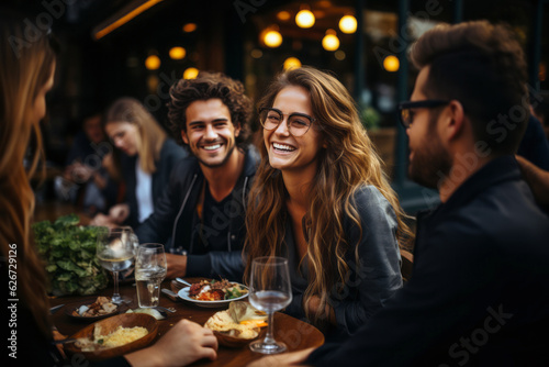 Millennial friends enjoying a fun-filled social gathering at an outdoor restaurant  sharing stories and laughter  generative ai