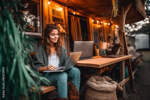Fényképezés Young woman digital nomad engaging in remote work outside her vintage camper van