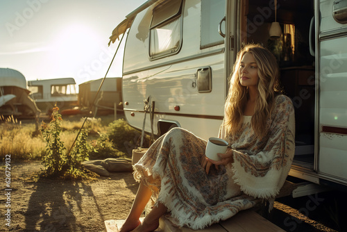 Fotografiet Young woman enjoying her morning coffee outside a retro, vintage camper van, liv
