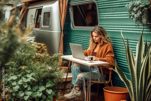 Young woman digital nomad engaging in remote work outside her vintage camper van, epitomizing the mobile, van life lifestyle, generative ai