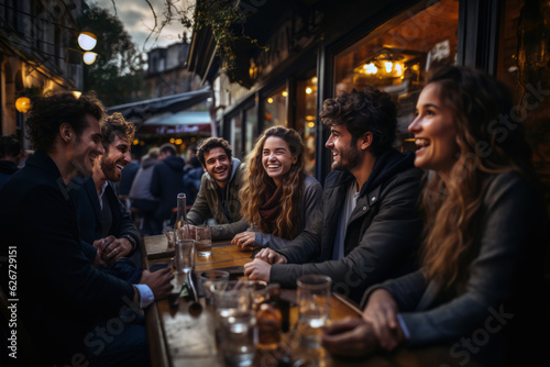 Millennial friends enjoying a fun-filled social gathering at an outdoor restaurant, sharing stories and laughter, generative ai © InputUX