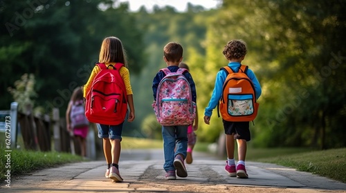 Group of young children walking together in friendship, embodying the back-to-school concept on their first day of school, generative ai