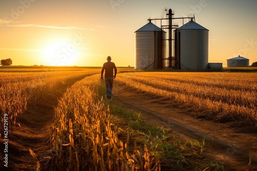 Valokuvatapetti Rear view of a farmer at dawn, walking through a dew-kissed corn field towards d