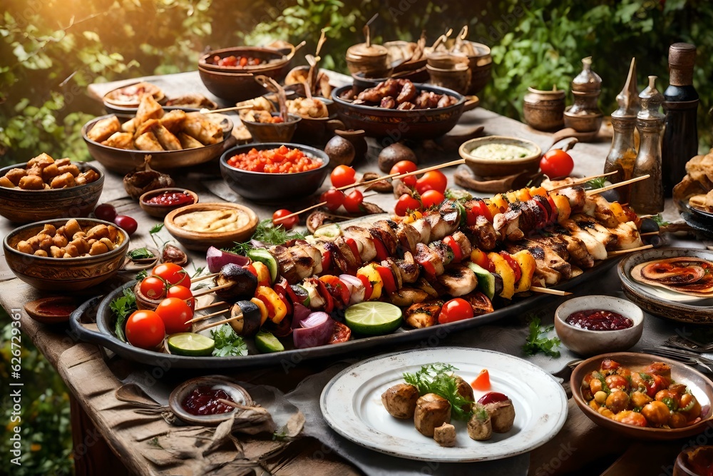 Middle eastern, arabic or mediterranean dinner table with grilled meat and vegetables, chicken skewers with roasted vegetables and appetizers variety serving on a rustic outdoor table