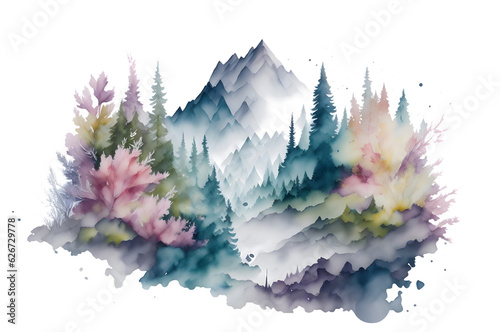 Mountain and pines then flowers with water color transparent background 