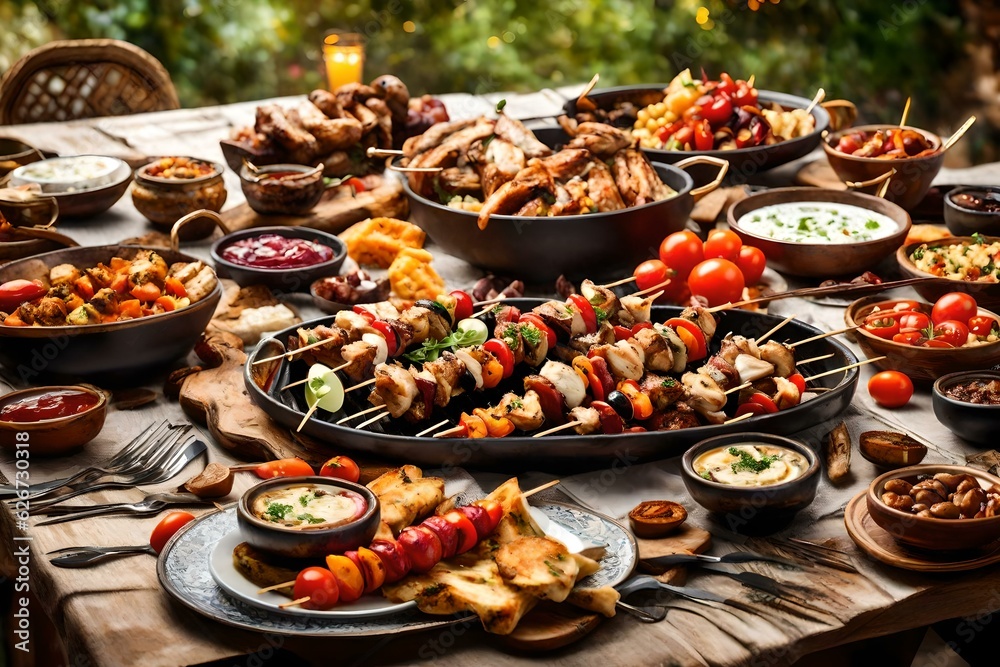Middle eastern, arabic or mediterranean dinner table with grilled meat and vegetables, chicken skewers with roasted vegetables and appetizers variety serving on a rustic outdoor table