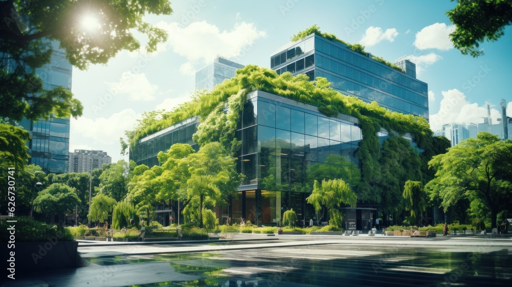 Selection of eco-friendly plants and buildings with vertical gardens in the modern city. Green Forest on Sustainable Glass Office Building with Green Environment Concept Go Green