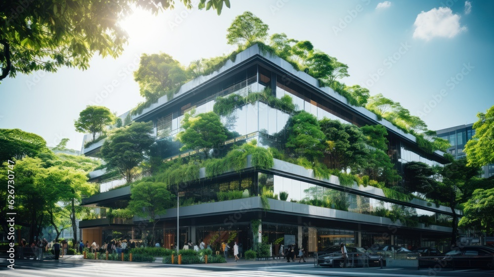 Obraz premium Selection of eco-friendly plants and buildings with vertical gardens in the modern city. Green Forest on Sustainable Glass Office Building with Green Environment Concept Go Green