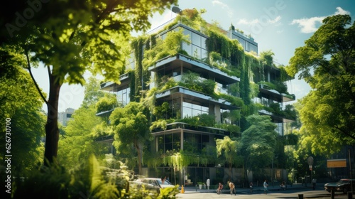 Selection of eco-friendly plants and buildings with vertical gardens in the modern city. Green Forest on Sustainable Glass Office Building with Green Environment Concept Go Green © sirisakboakaew