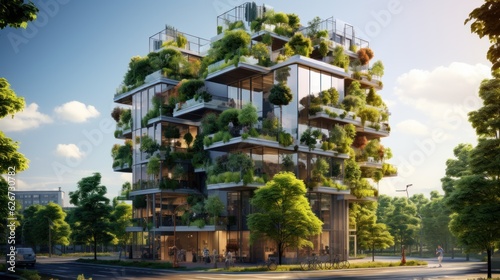 Selection of eco-friendly plants and buildings with vertical gardens in the modern city. Green Forest on Sustainable Glass Office Building with Green Environment Concept Go Green
