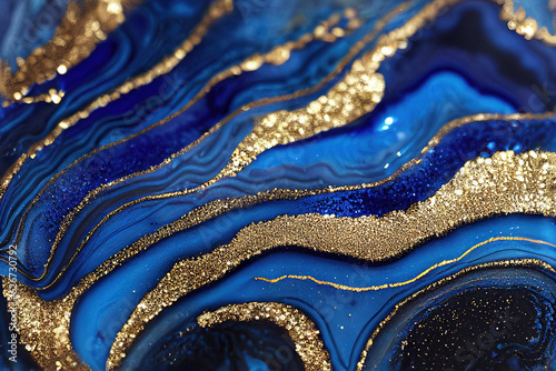 Blue and golden acrylic liquid ink swirl abstract background with ravishing turbulence wavy pattern and detailed texture. Luxury fluid liquid art by Generative AI.