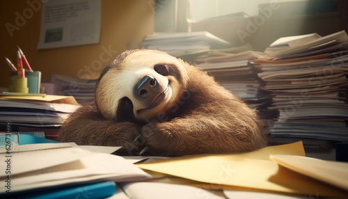 Sleepy Sloth Relaxing in Front of Papers, Generative AI