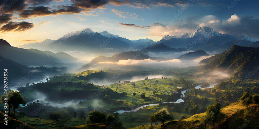 beautiful panorama of the misty mountains with forest valley river and clouds