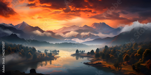 beautiful dramatic panoramic sunset over the mountain lake with cloudy sky