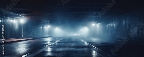 Dark Rainy Night in the Tunnel with Glowing Street Lights and Reflections, Urban Cityscape, Copy Space, Generative AI