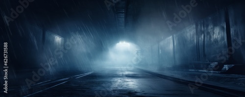 Dark Rainy Night in the Tunnel with Glowing Street Lights and Reflections  Urban Cityscape  Copy Space  Generative AI