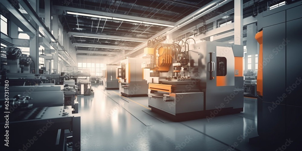 Naklejka premium Modern Machine Tools in Factory Background with ing, Generative AI