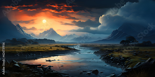 beautiful dramatic panoramic sunset over the mountain river with cloudy sky