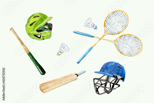 Watercolor sport equipment elements collection