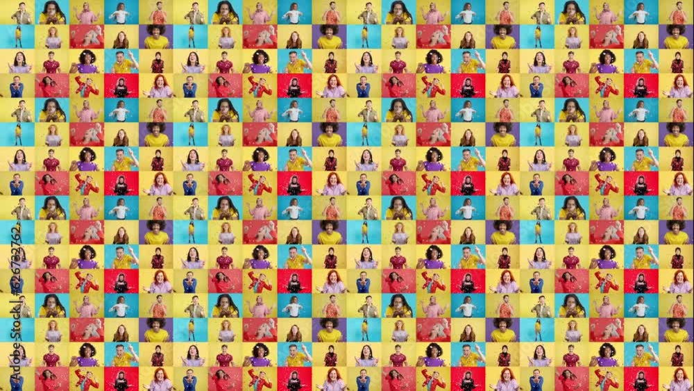 Infinite mosaic of multi-ethnic people celebrating with confetti Infinite mosaic of multi-ethnic people celebrating with confetti