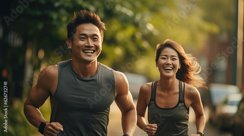 Asian couple in park. jogging running, exercise morning background. AI Generated.