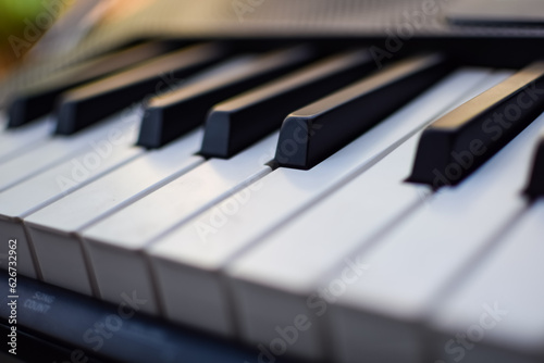 Close-up of piano keys. Piano black and white keys and Piano keyboard musical instrument placed at the home balcony during sunny day.
