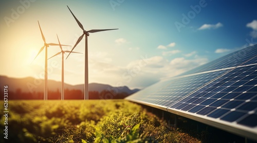 renewable energy background with green energy as wind turbines and solar panels desktop background