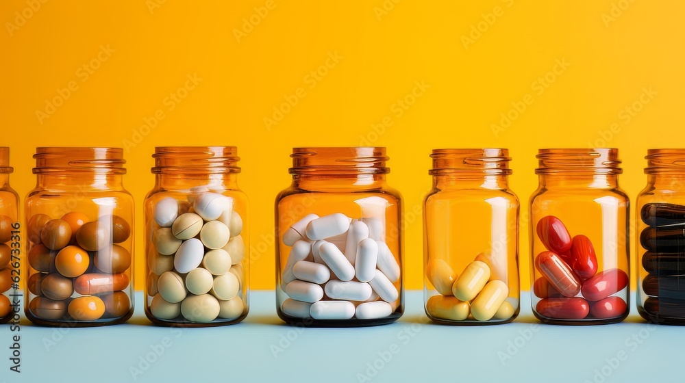 Multicolor tablets and pills capsules from glass bottles Multicolor tablets and pills capsules from glass bottles